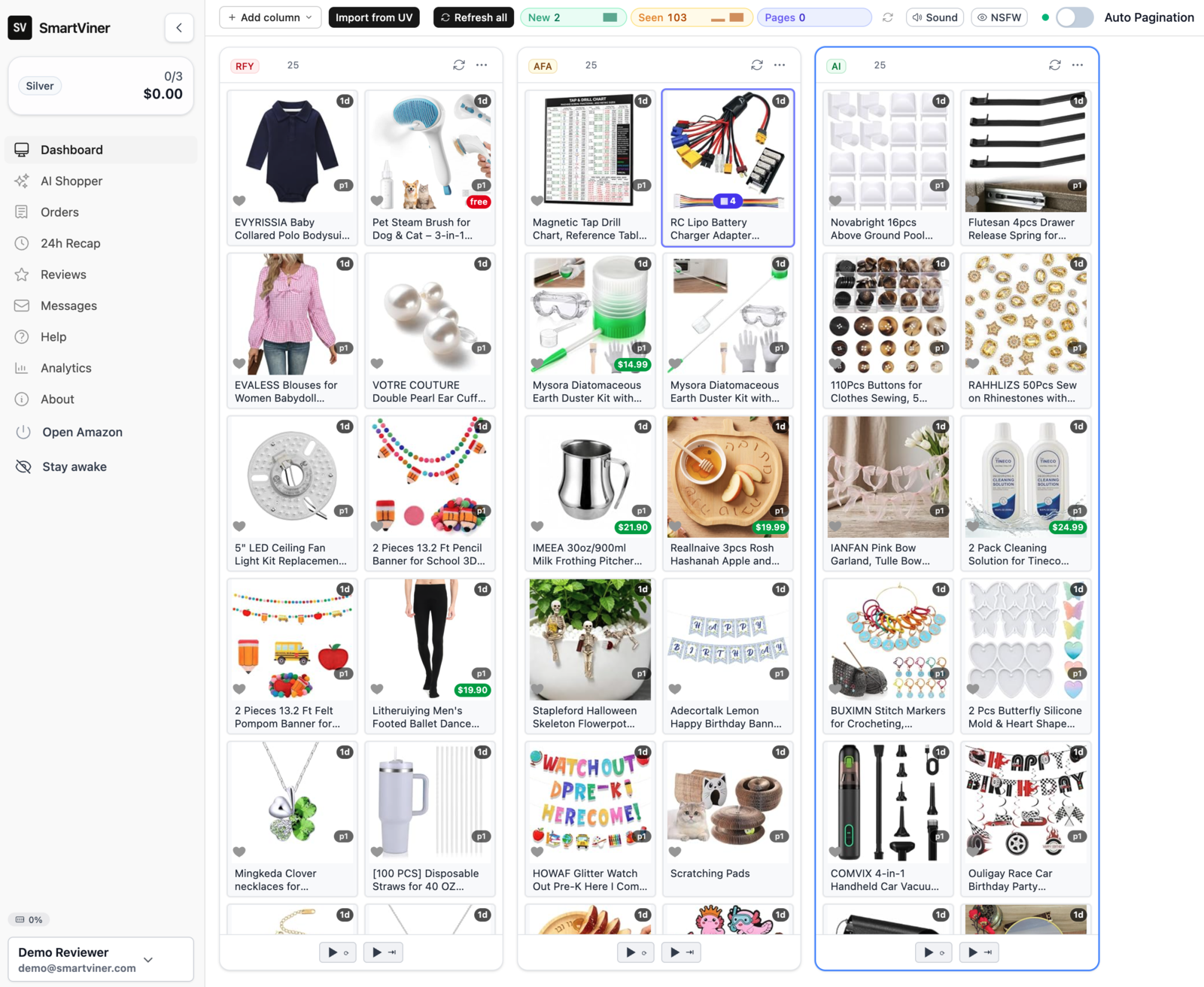 SmartViner dashboard: every Vine queue in fast side-by-side columns