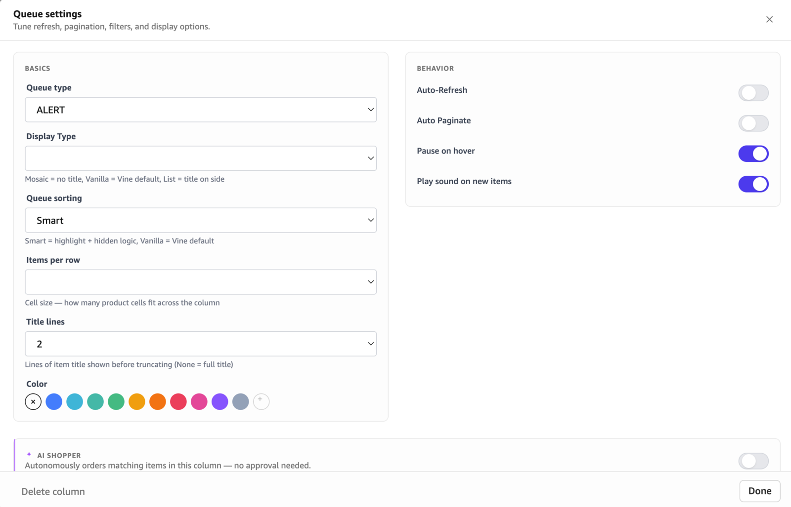 The Queue settings modal (Basics + Behavior).