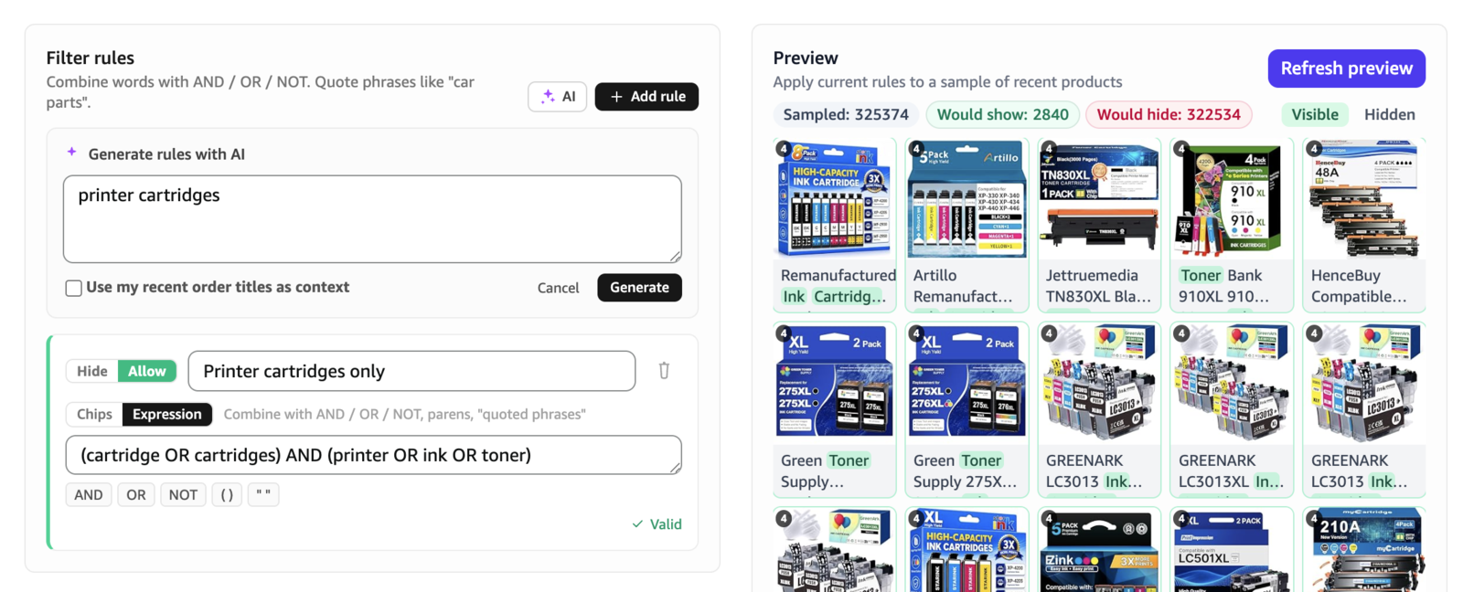 Filter rules with a live preview of what would show and what would hide