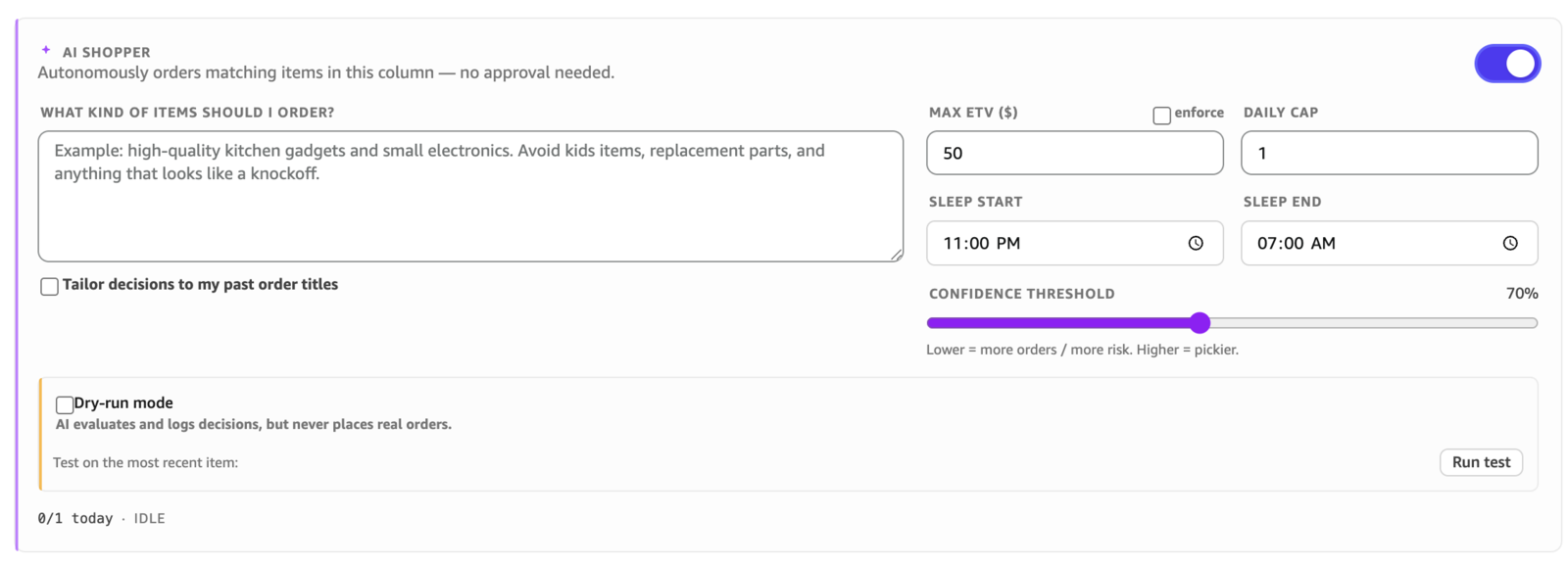The AI Shopper panel — criteria, caps, sleep window, confidence, and Dry-run.