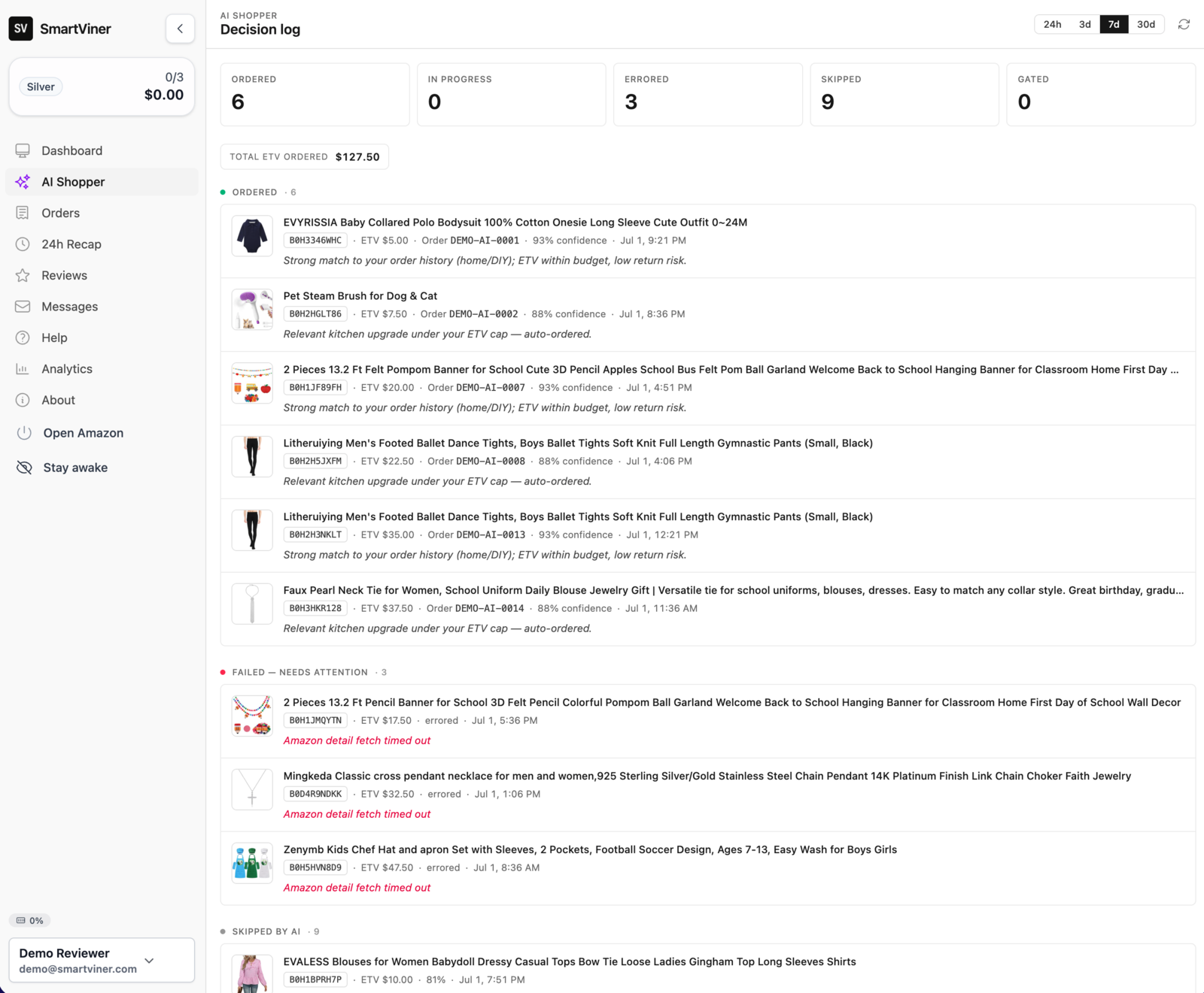 AI Shopper decision log: ordered, skipped, and gated items with reasons