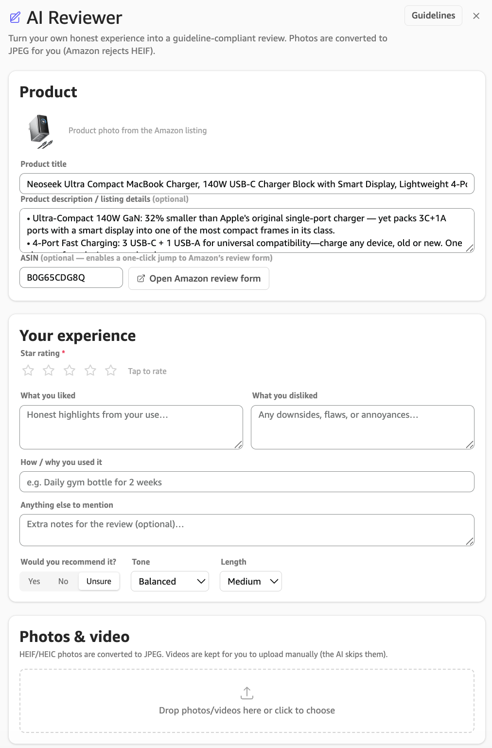 AI Reviewer: your rating, likes and dislikes, tone and length, photos auto-converted