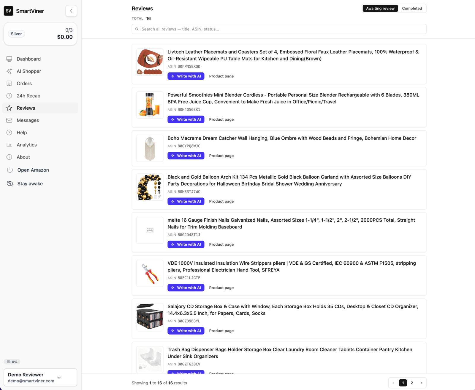 Awaiting review tab with Write with AI + Write review.