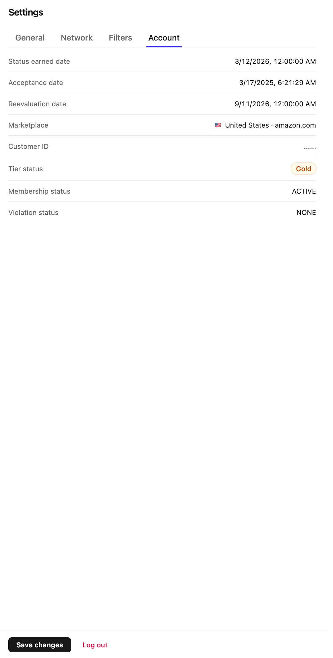The Settings screen — Account tab (tier, status, marketplace).