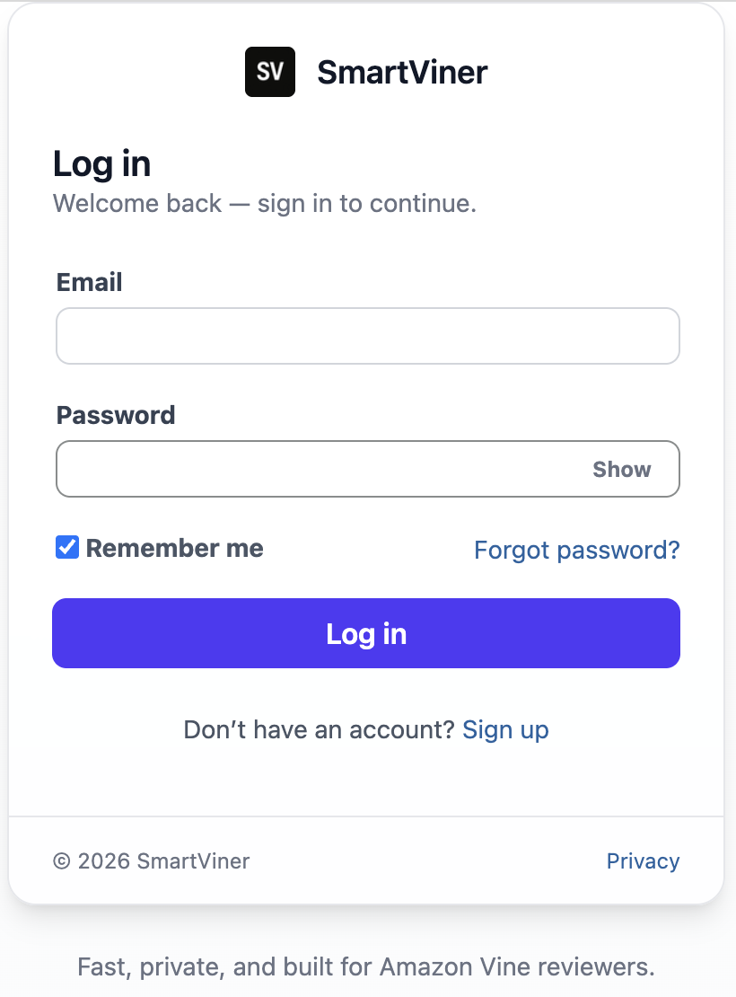 The Log in card.