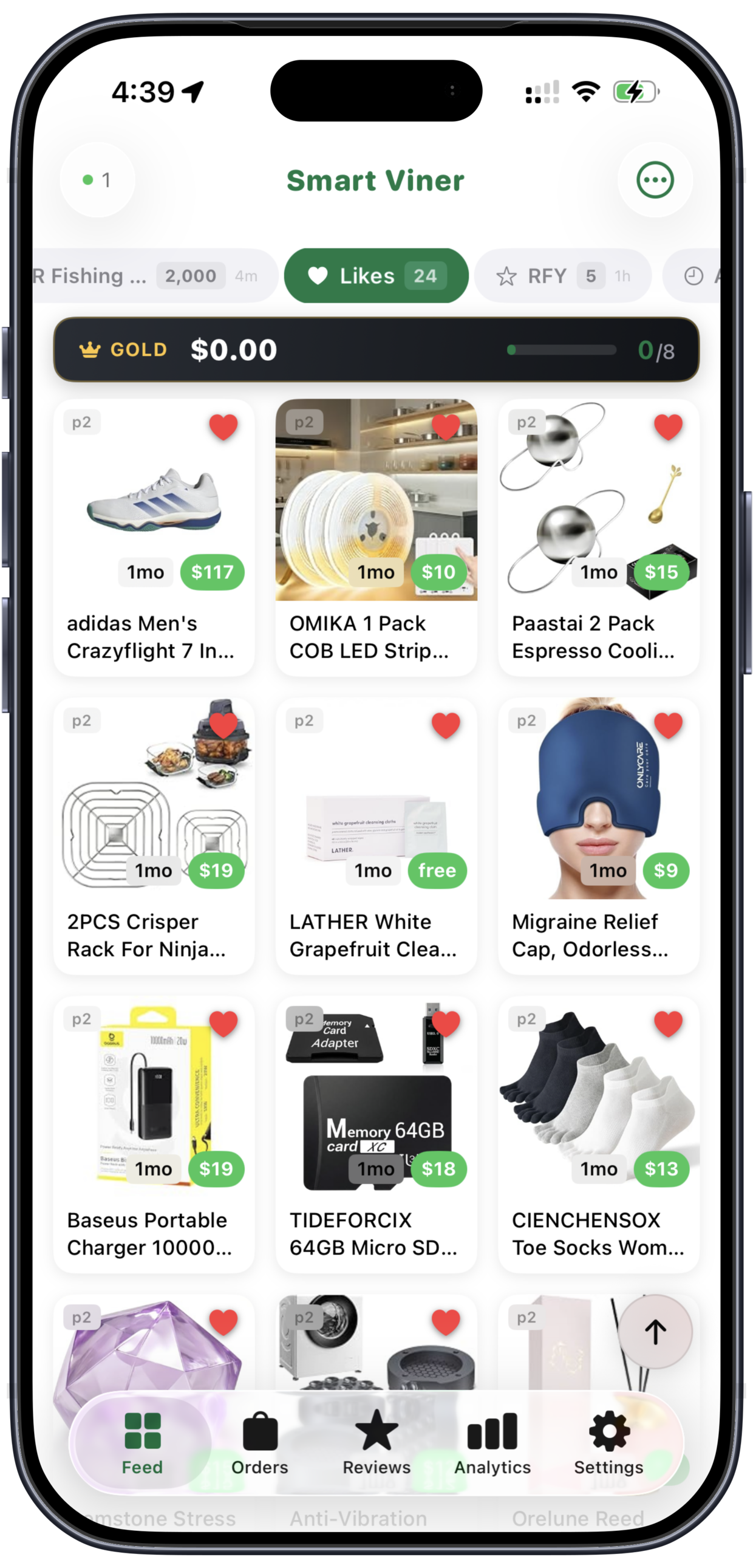 SmartViner mobile app showing the live Vine feed, liked items and Gold ETV progress