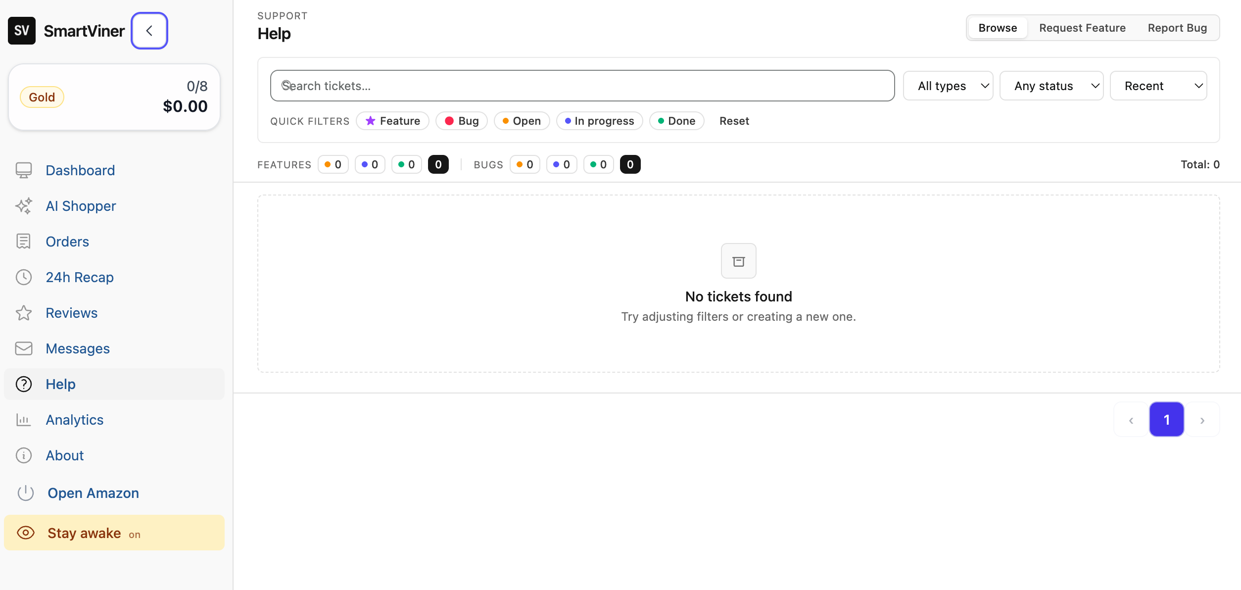 In-extension help desk: browse, request a feature or report a bug, with ticket search and status filters