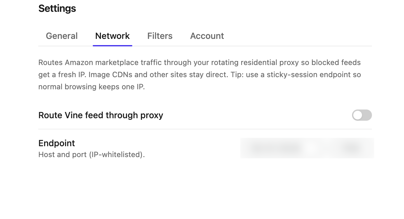 Settings → Network — the proxy endpoint + toggle.