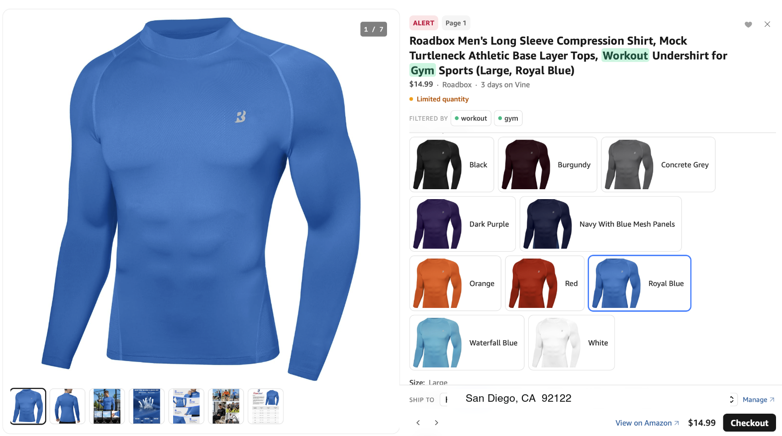 In-feed product preview: image gallery, variation swatches, rating, retail price and delivery