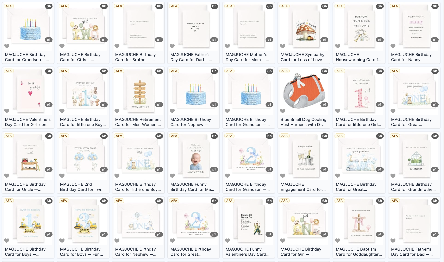 A single greeting-card product repeated across an entire page of near-identical listings